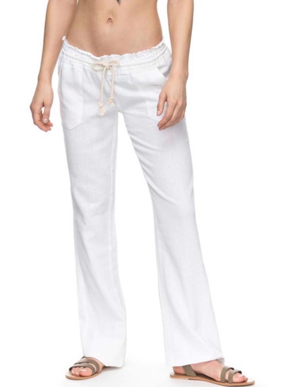 Roxy Women’s Linen Blend White Sea Salt Oceanside Boho Beach Casual Pants Small